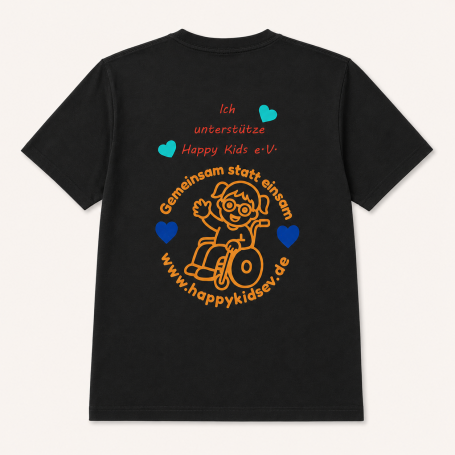 Zeig deine Unterstützung. Schwarzes Happy Kids e.V. Supporter-Shirt mit großem Rückenmotiv